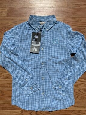 Boys Light Blue Gingham Button-Down with UNC Logo (Size M)